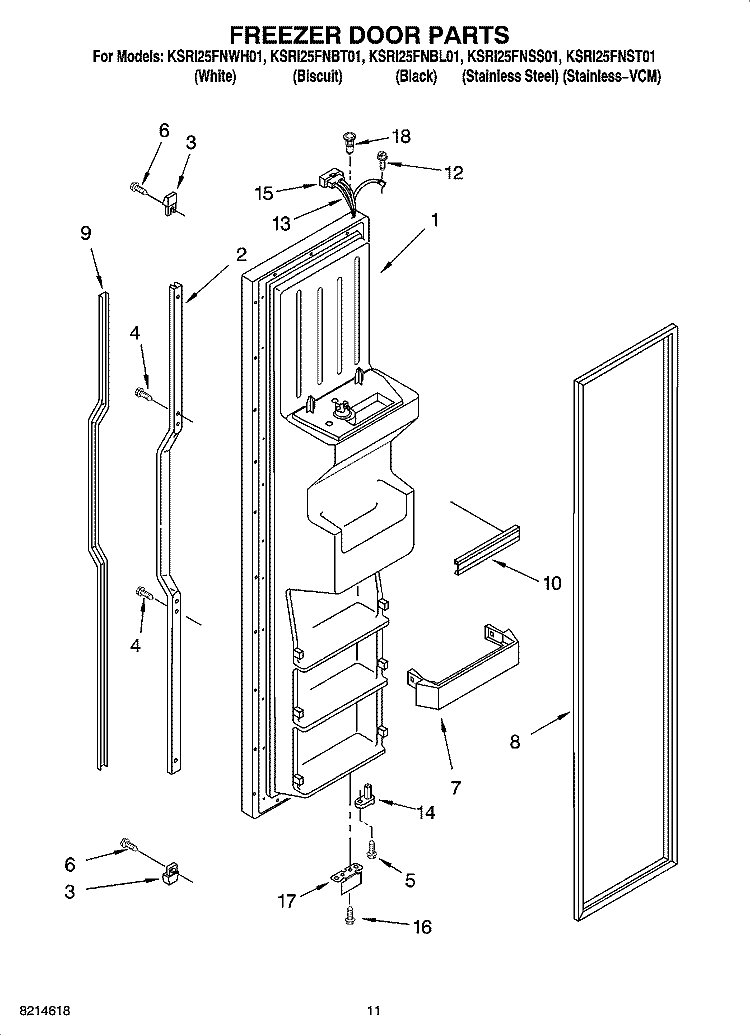 FREEZER DOOR PARTS Diagram and Parts List for KSRI25FNSS01  KitchenAid Refrigerator
