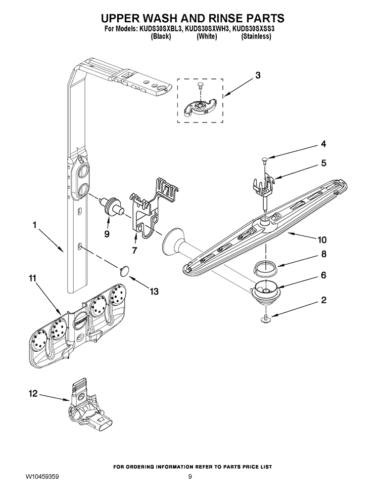 UPPER WASH AND RINSE PARTS Diagram and Parts List for KUDS30SXBL3  KitchenAid Dishwasher