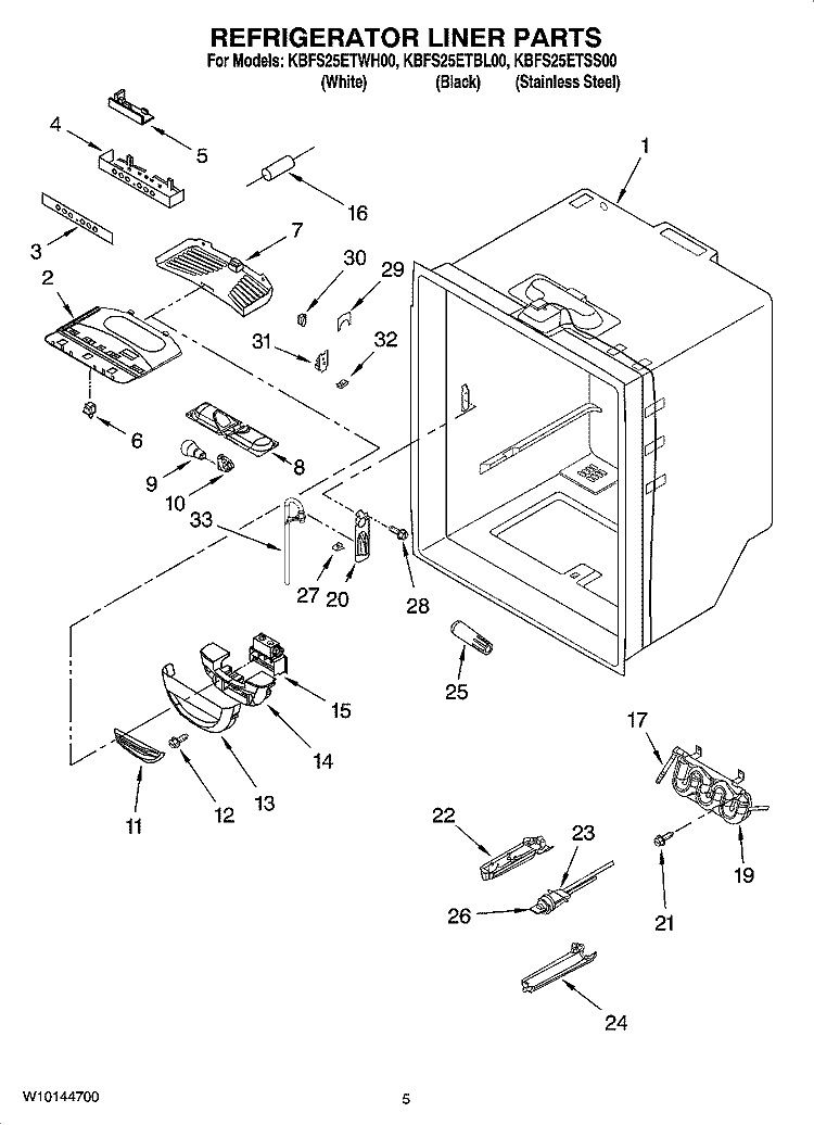 REFRIGERATOR LINER PARTS Diagram and Parts List for KBFS25ETSS00  KitchenAid Refrigerator