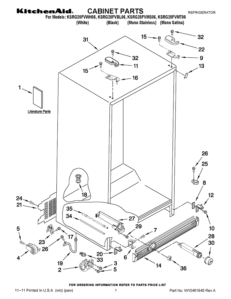 CABINET PARTS Diagram and Parts List for KSRG25FVWH06  KitchenAid Refrigerator