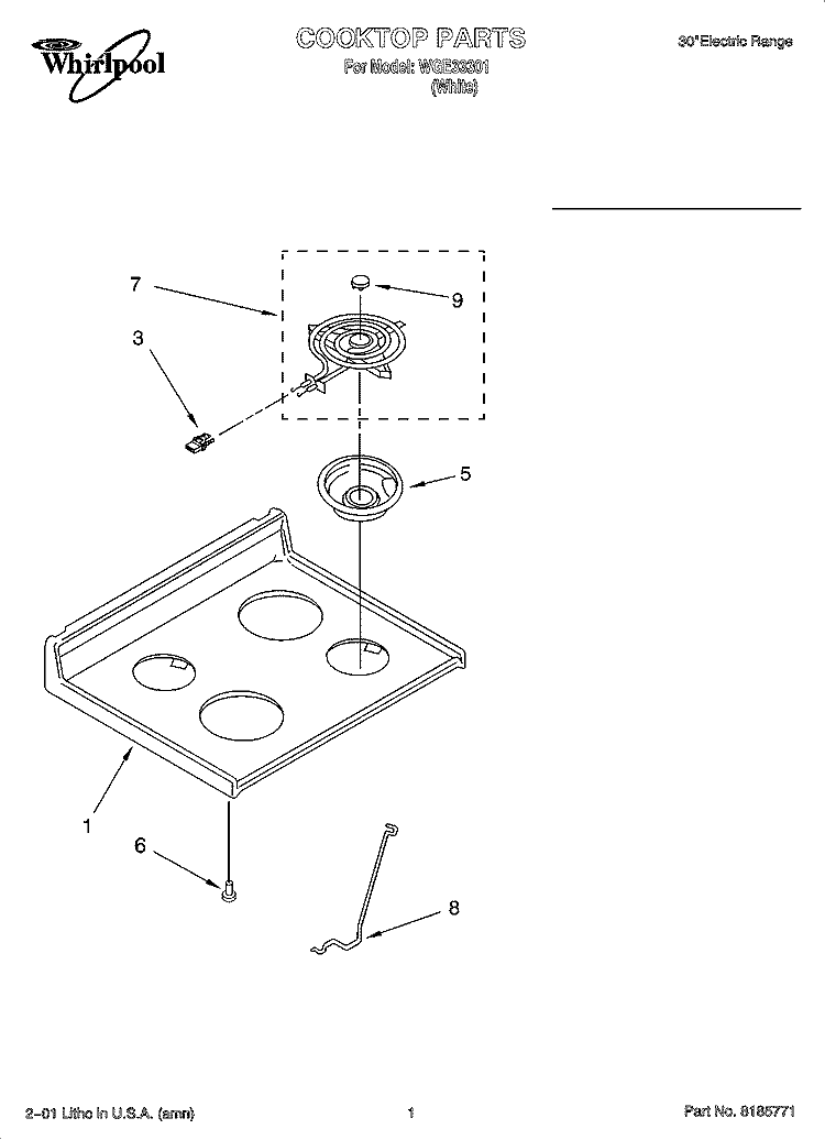 COOKTOP PARTS Diagram and Parts List for WGE33301  Whirlpool Range