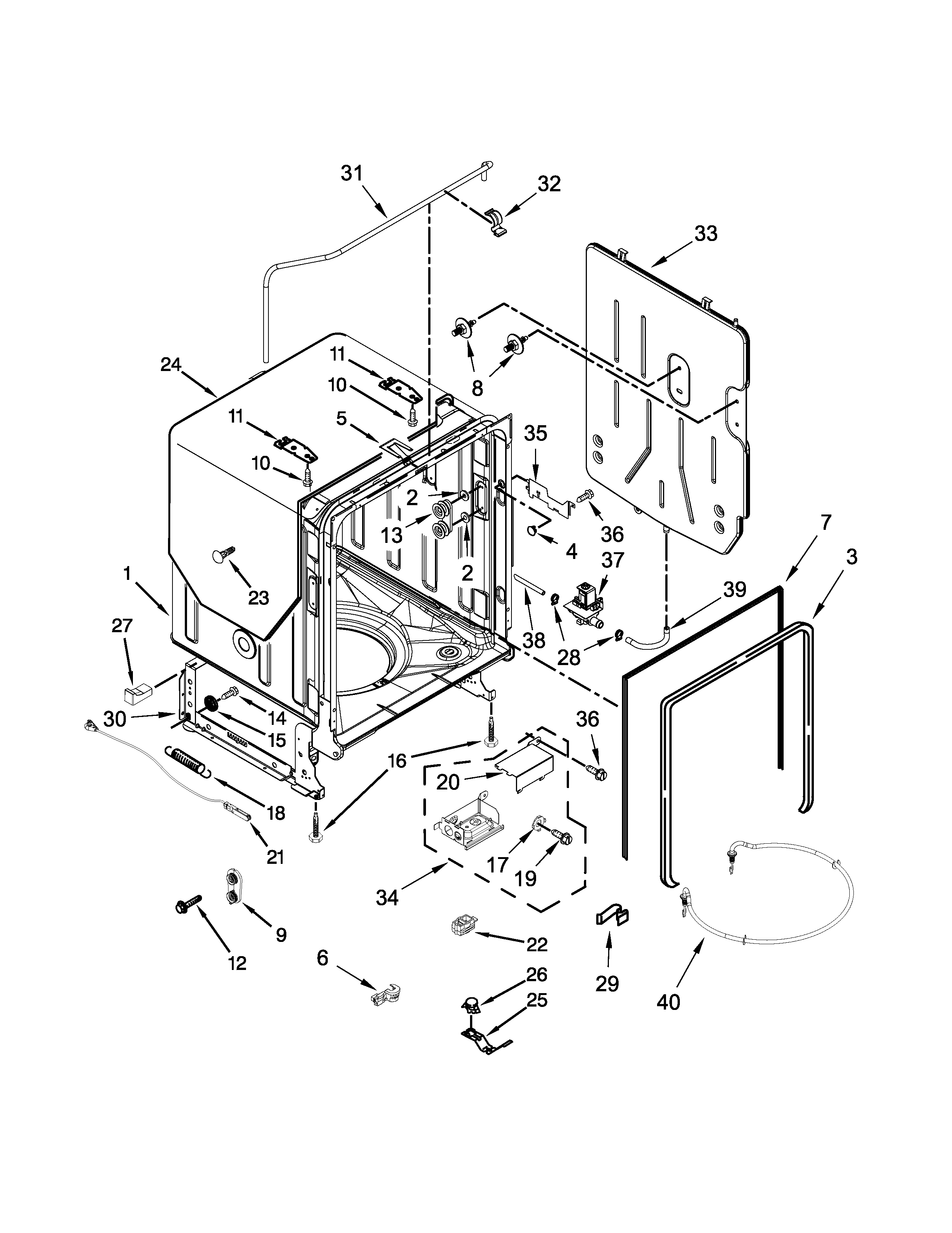 Tub, Tank And Frame Parts Diagram and Parts List for IUD8555DX3  Whirlpool Dishwasher