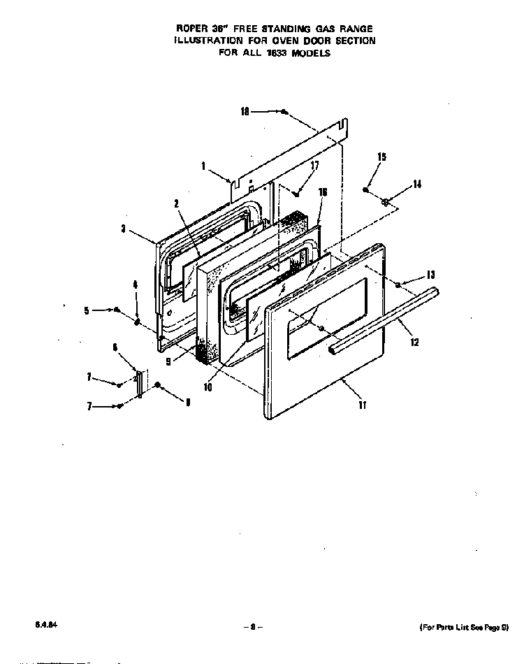 Oven Door Diagram and Parts List for 1633*2A  Roper Range