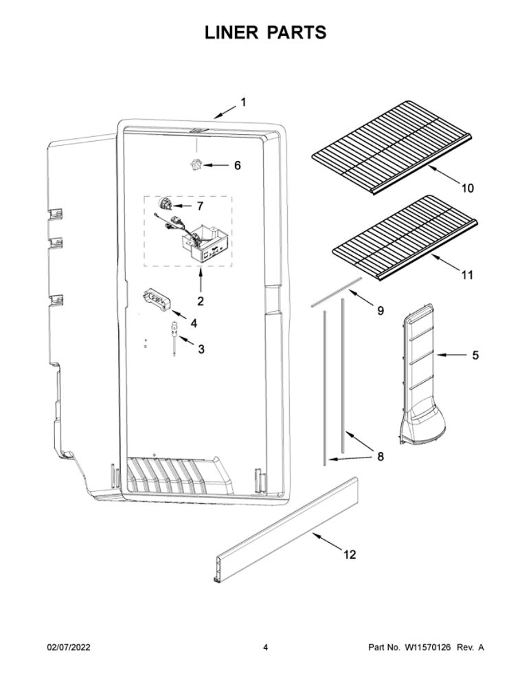 Liner Parts Diagram and Parts List for WZF34X18DW06  Whirlpool Freezer