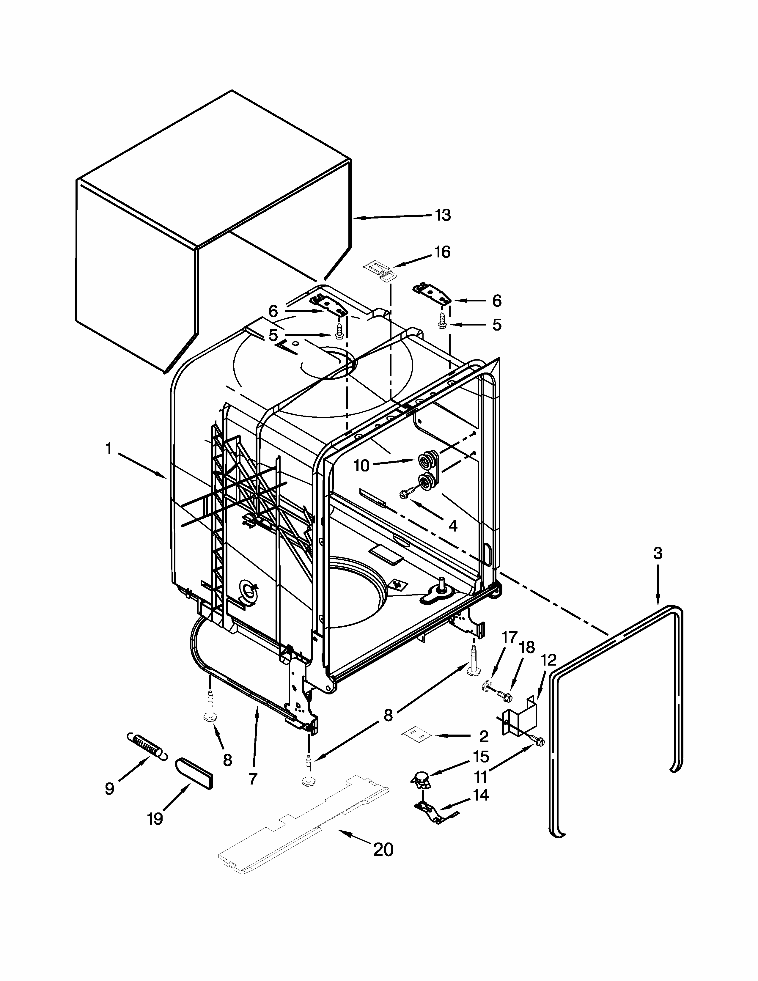 Tub And Frame Parts Diagram and Parts List for IUD7070DS2  Whirlpool Dishwasher