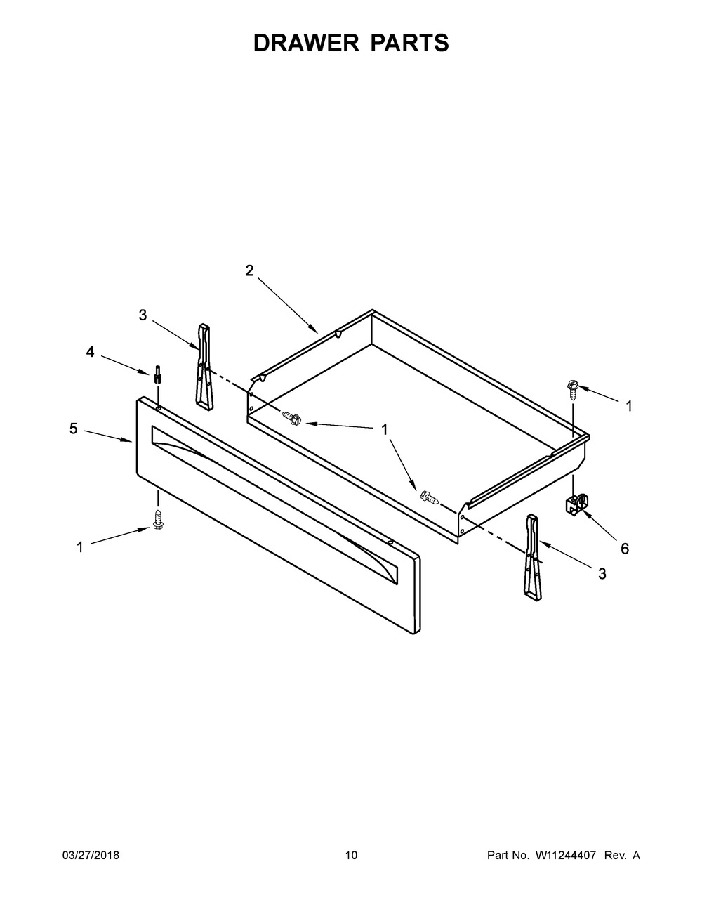 Drawer Parts Diagram and Parts List for YIES350XW4  Whirlpool Range