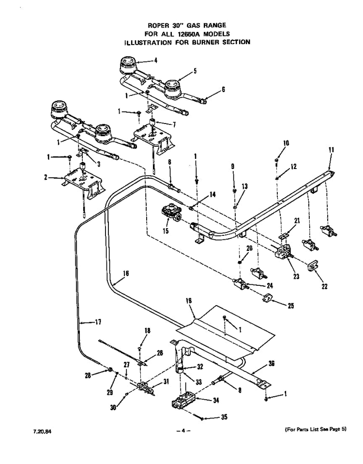 Burner Diagram and Parts List for 1265*0A  Roper Range