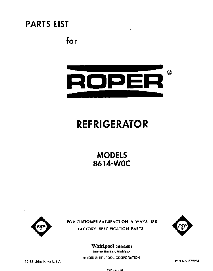 Front Cover Diagram and Parts List for 8614*0C  Roper Refrigerator