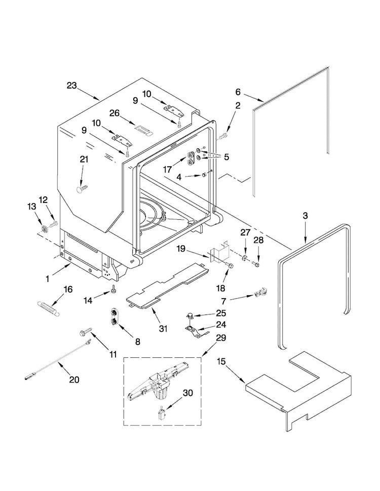 Tub And Frame Parts Diagram and Parts List for KUDS30IVSS4  KitchenAid Dishwasher