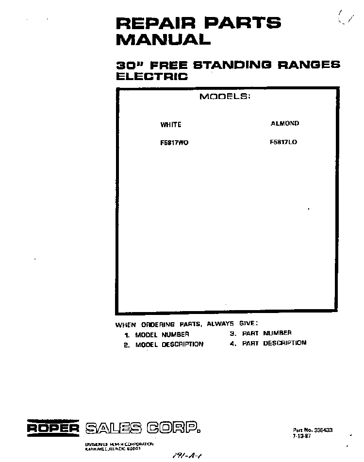 Front Cover Diagram and Parts List for F5817*0  Roper Range