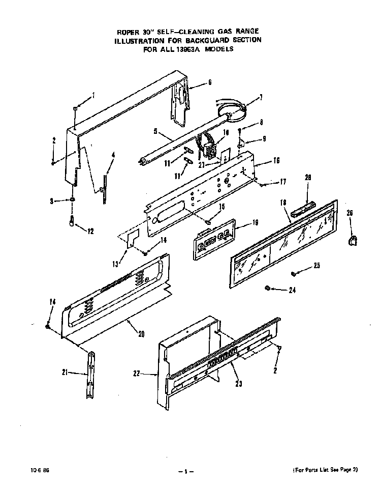 Backguard Diagram and Parts List for 1395*3A  Roper Range
