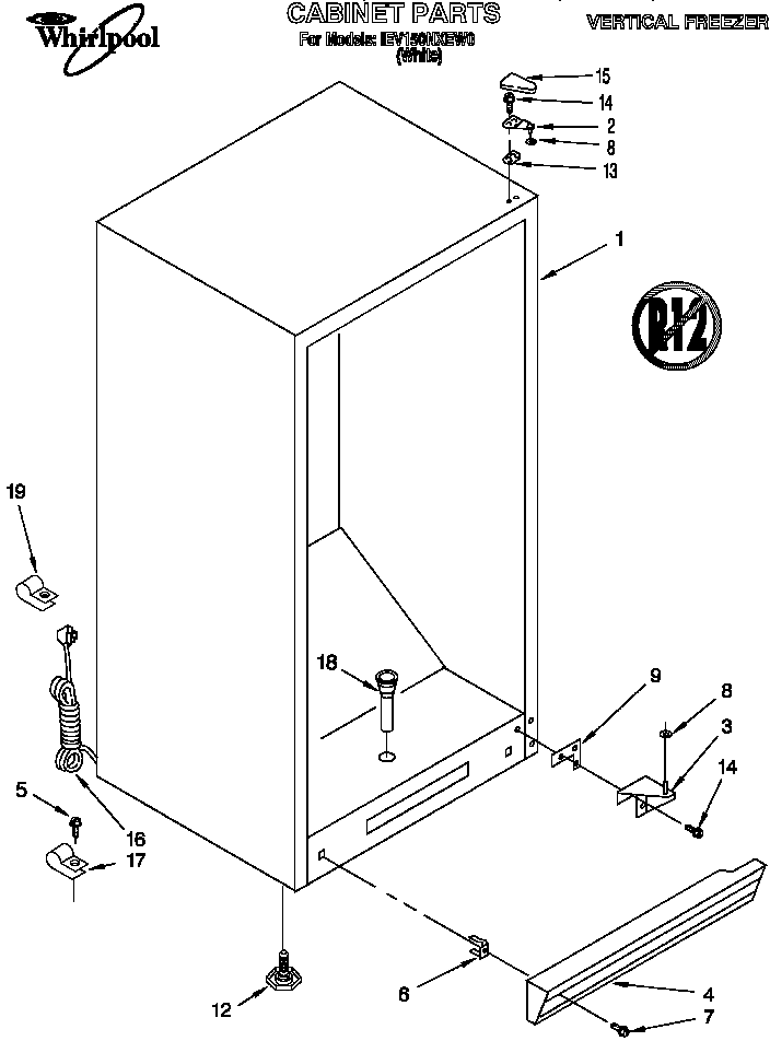 Cabinet Diagram and Parts List for EV150NXEW00  Whirlpool Freezer