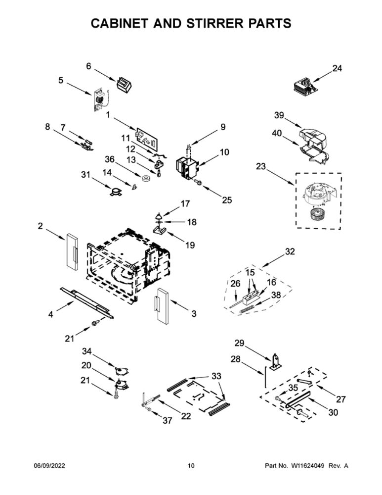 Cabinet And Stirrer Parts Diagram and Parts List for WOC54EC7HS20  Whirlpool Microwave Oven Combo