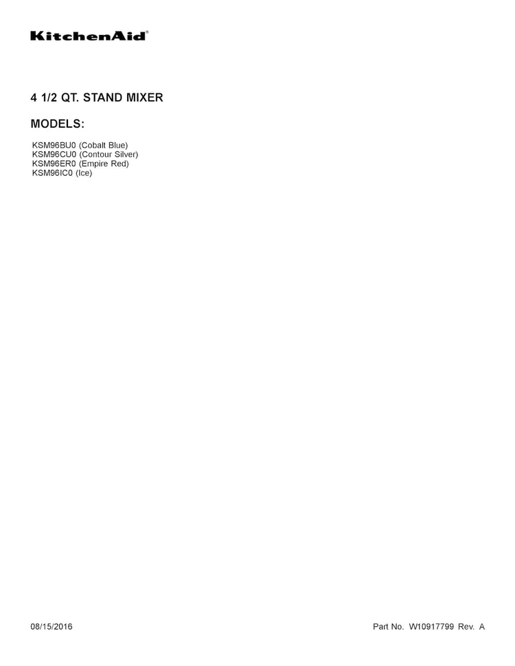 Cover Sheet Diagram and Parts List for KSM96ER0  KitchenAid Mixer