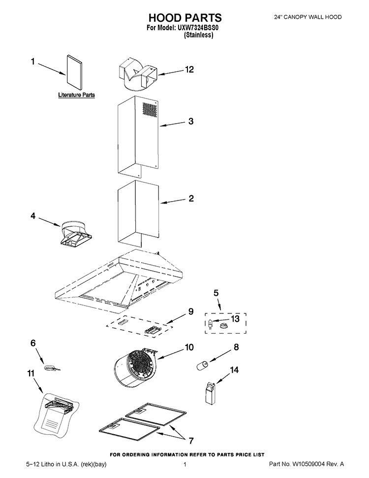 HOOD PARTS Diagram and Parts List for UXW7324BSS0  Whirlpool Range Hood