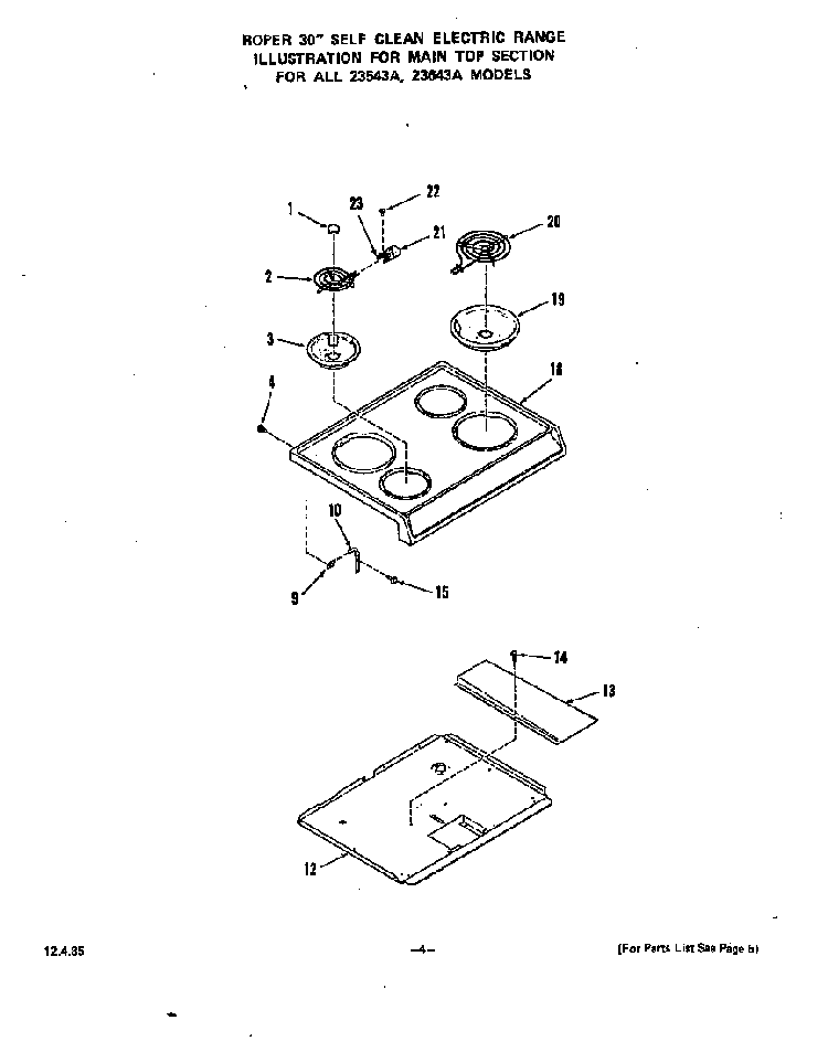 Main Top Diagram and Parts List for 2354*3A  Roper Range