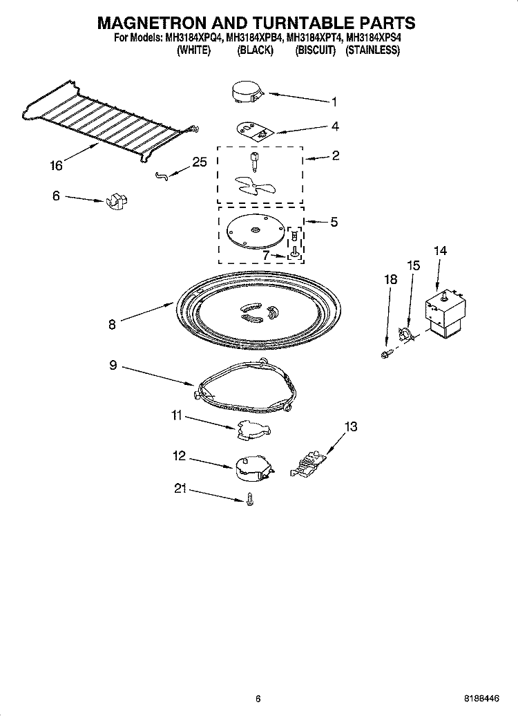 MAGNETRON AND TURNTABLE PARTS Diagram and Parts List for MH3184XPQ4  Whirlpool Microwave