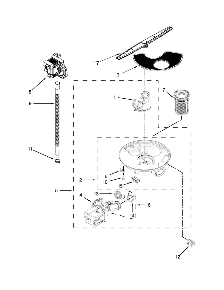Pump, Washarm And Motor Parts Diagram and Parts List for WDF310PLAT5  Whirlpool Dishwasher