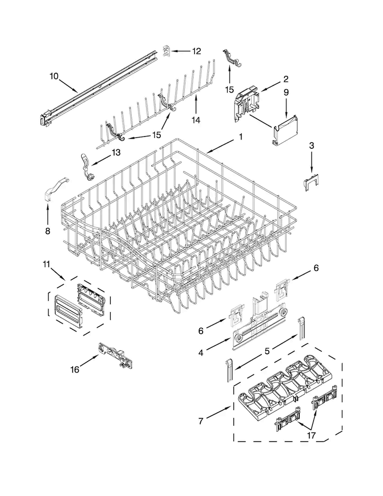 Upper Rack And Track Parts Diagram and Parts List for KUDS35FXBLA  KitchenAid Dishwasher