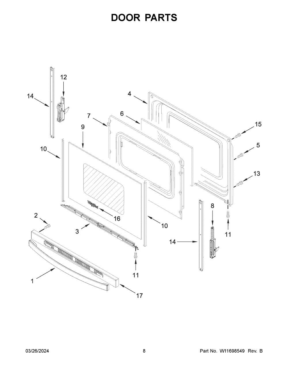 Door Parts Diagram and Parts List for WFE505W0JS4  Whirlpool Range