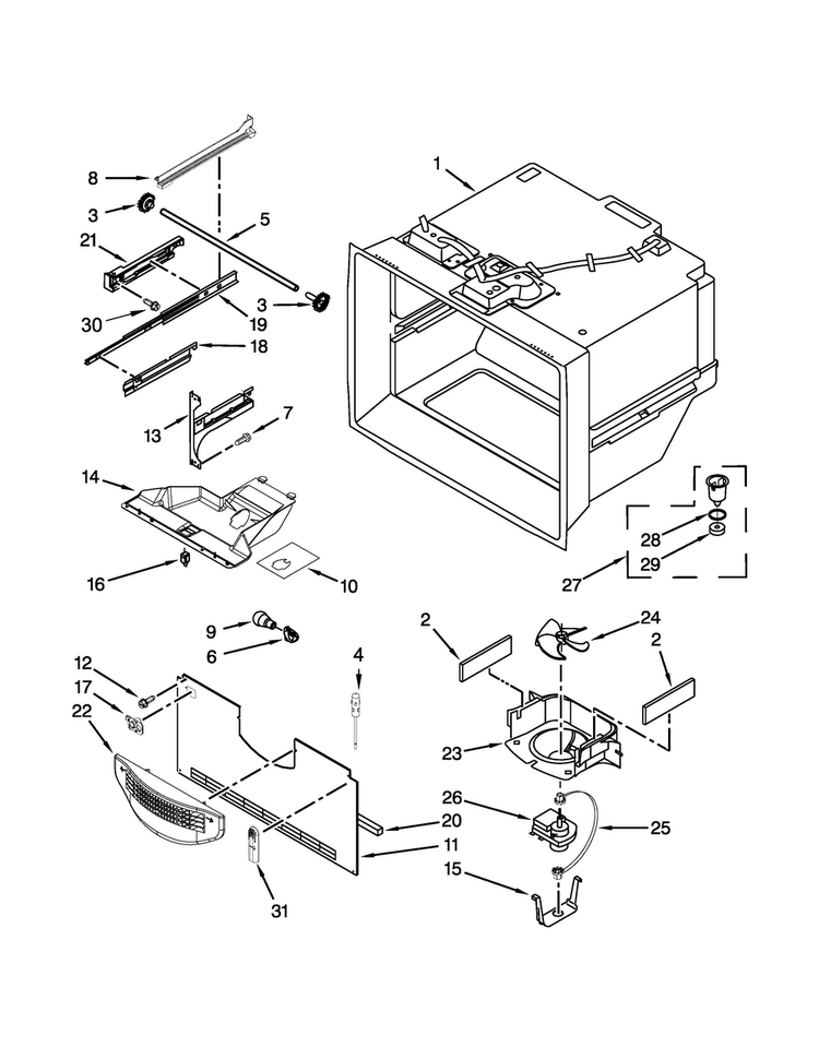 Freezer Liner Parts Diagram and Parts List for WRB329LFBM00  Whirlpool Refrigerator