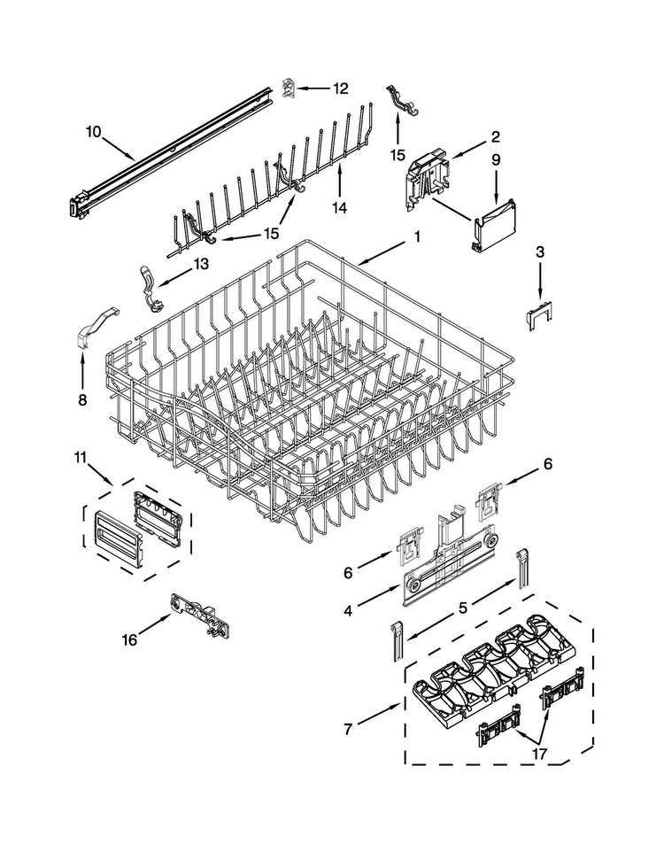 Upper Rack And Track Parts Diagram and Parts List for KDFE454CSS1  KitchenAid Dishwasher