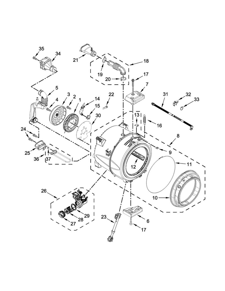 Tub And Basket Parts Diagram and Parts List for WFW61HEBW1  Whirlpool Washer