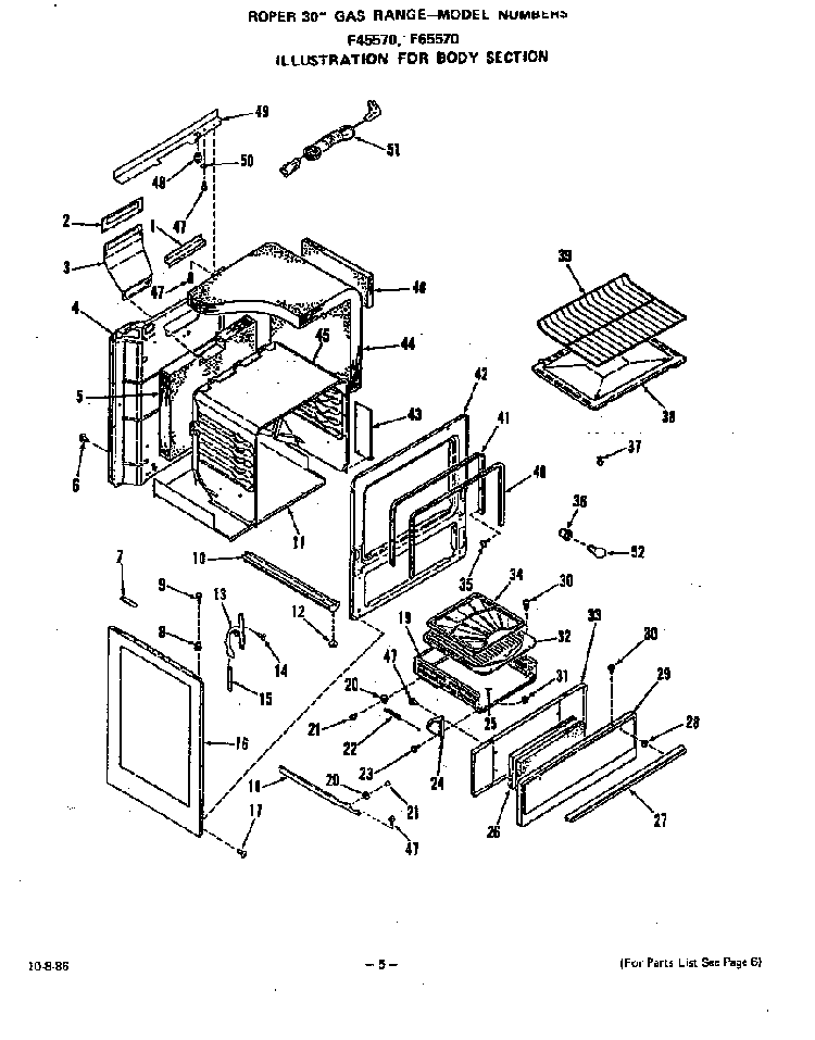 Body Diagram and Parts List for F6557*0  Roper Range