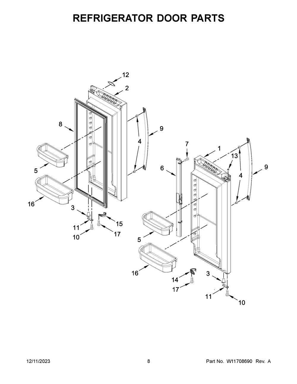 Refrigerator Door Parts Diagram and Parts List for WRF535SWHB09  Whirlpool Refrigerator
