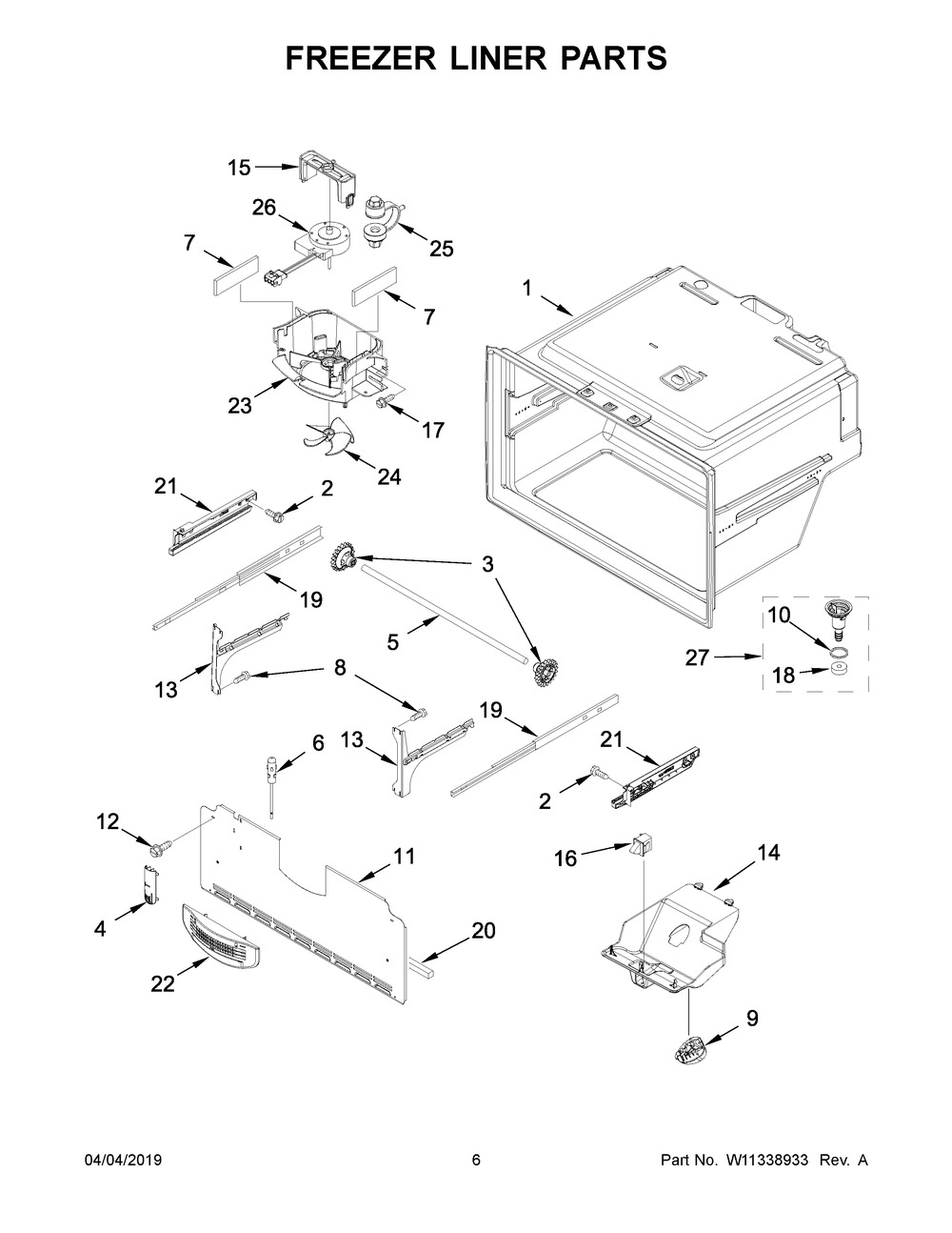 Freezer Liner Parts Diagram and Parts List for IX7DDEXGZ003  Whirlpool Refrigerator