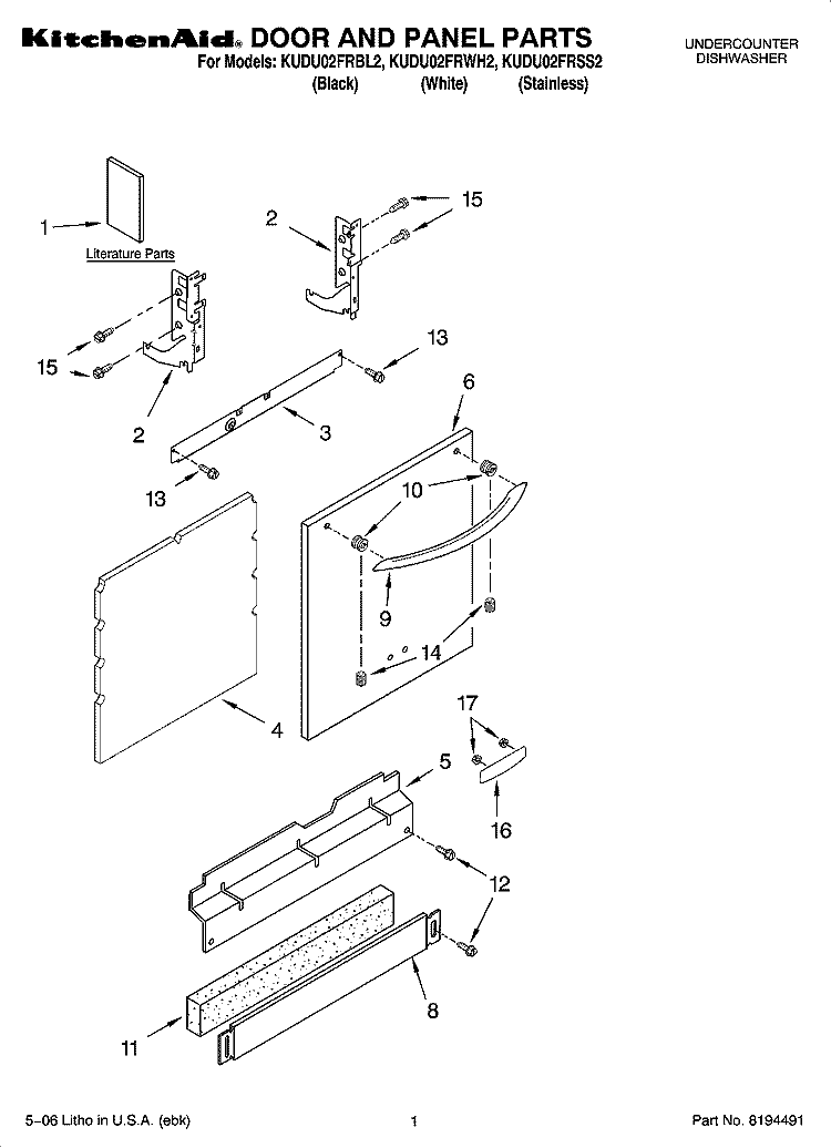 DOOR AND PANEL PARTS Diagram and Parts List for KUDU02FRBL2  KitchenAid Dishwasher