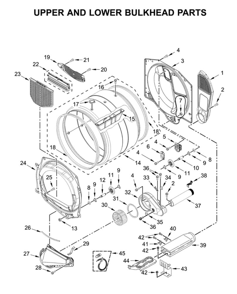 Upper And Lower Bulkhead Parts Diagram and Parts List for CSP2940HQ0  Whirlpool Dryer