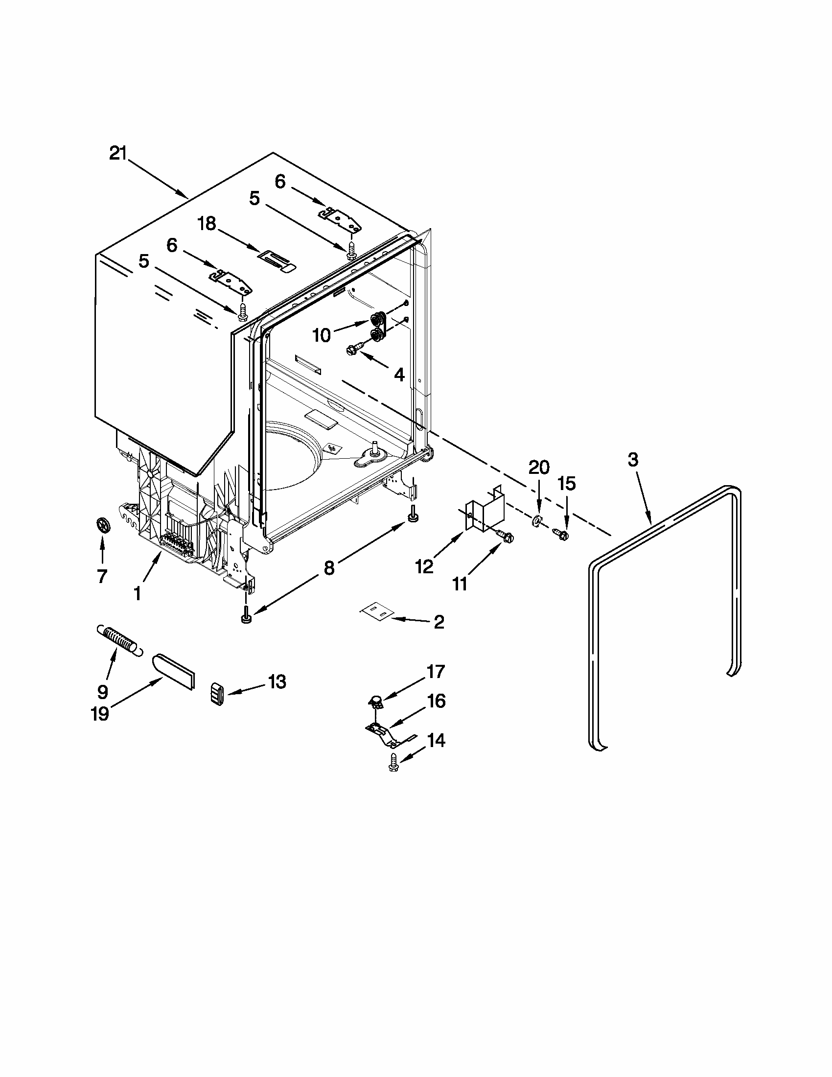 Tub And Frame Parts Diagram and Parts List for 66513023K110  Kenmore Dishwasher