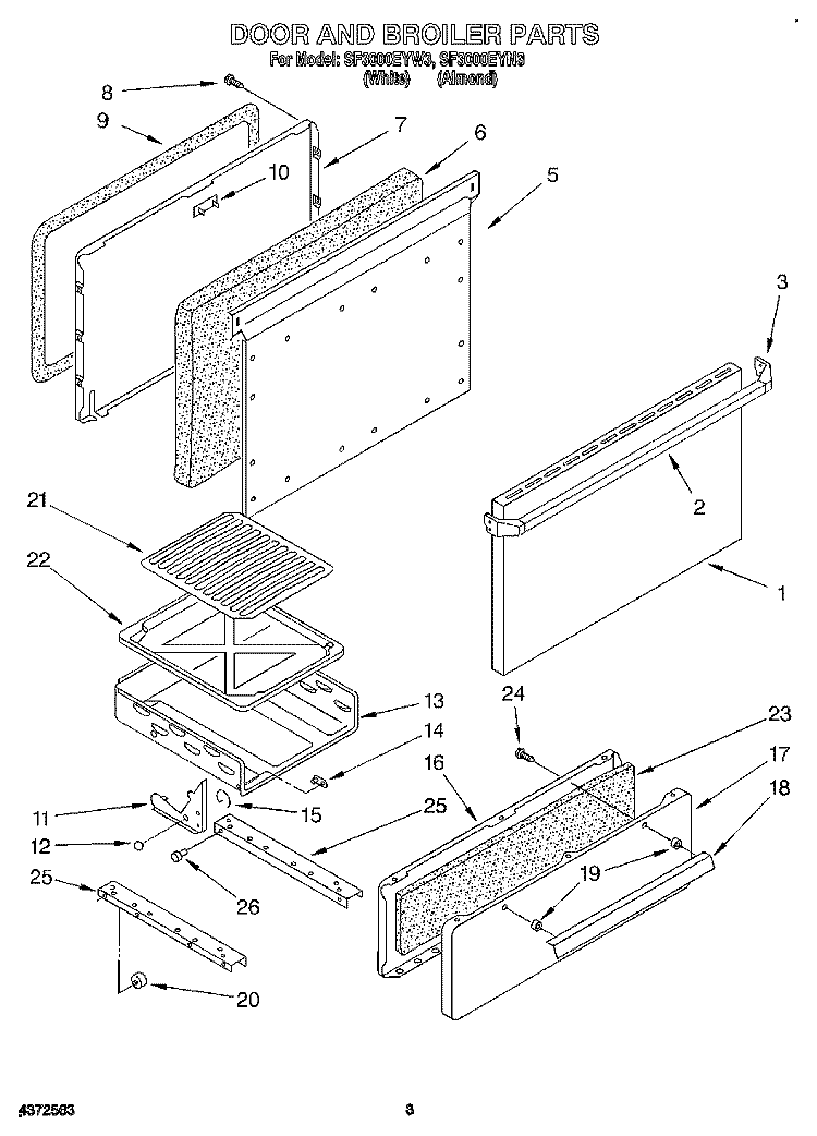 DOOR AND BROILER Diagram and Parts List for SF3000EYW3  Whirlpool Range