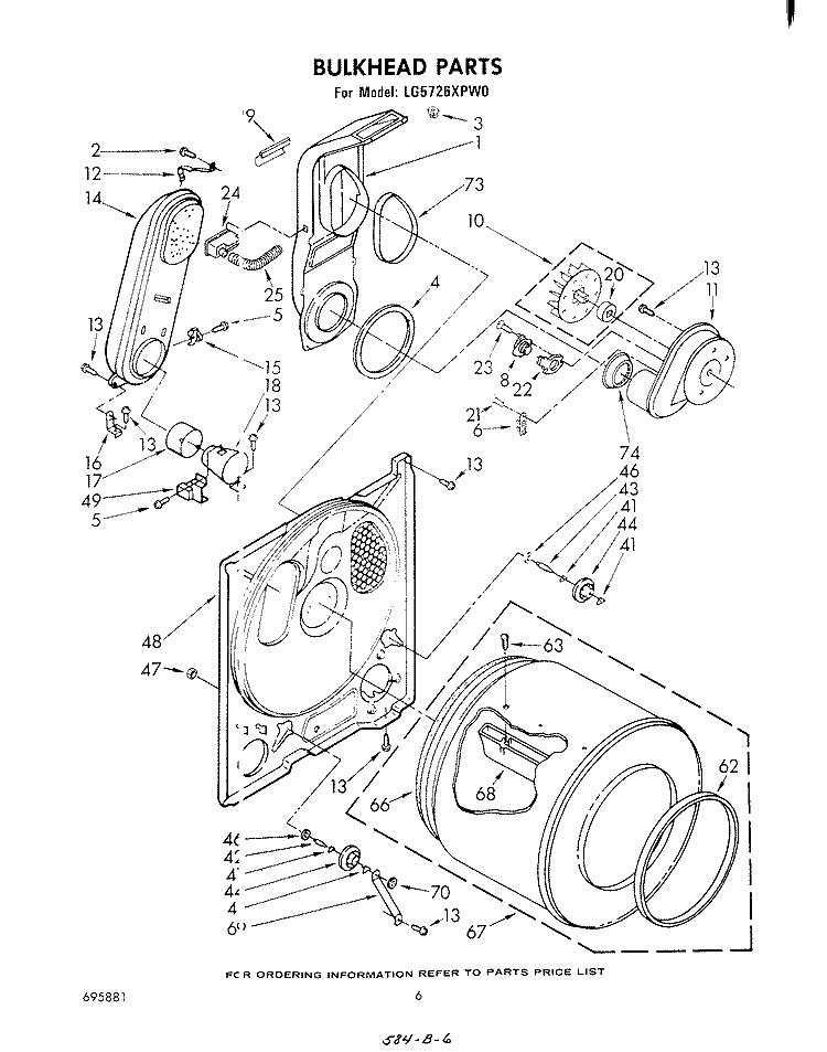 BULKHEAD Diagram and Parts List for LG5726XPW0  Whirlpool Dryer