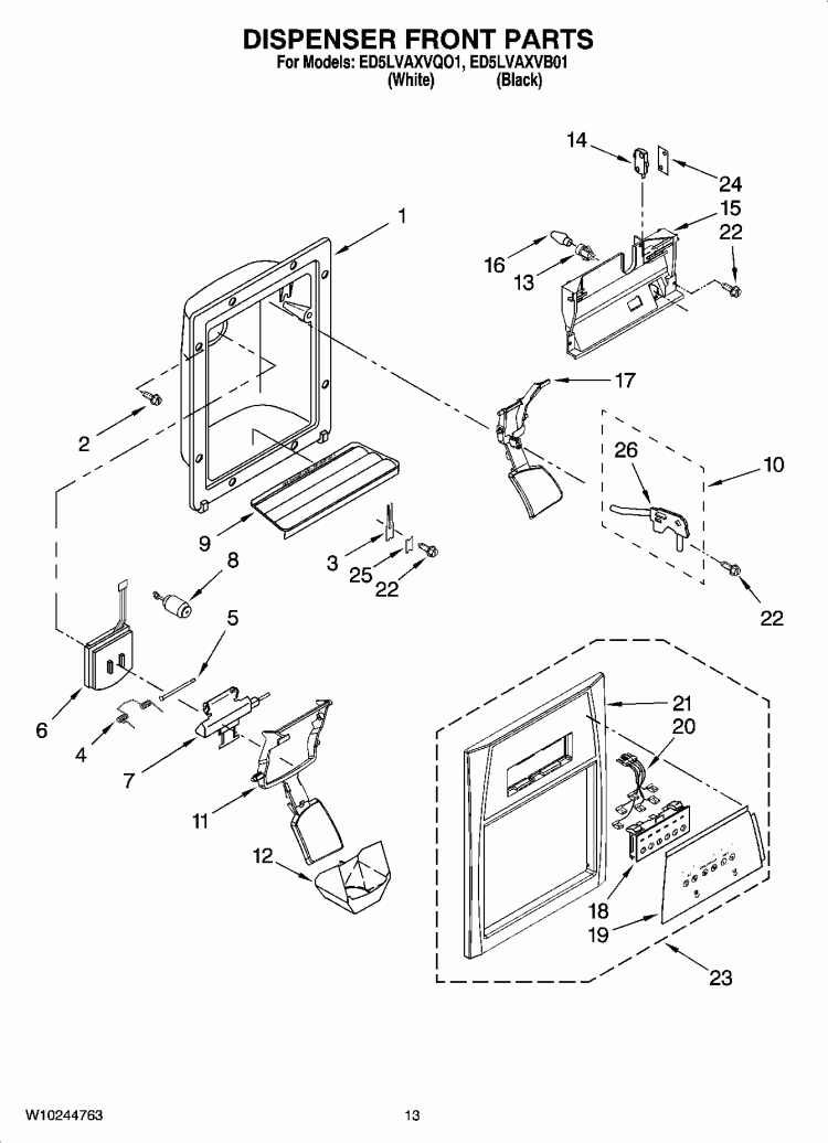 DISPENSER FRONT PARTS Diagram and Parts List for ED5LVAXVB01  Whirlpool Refrigerator