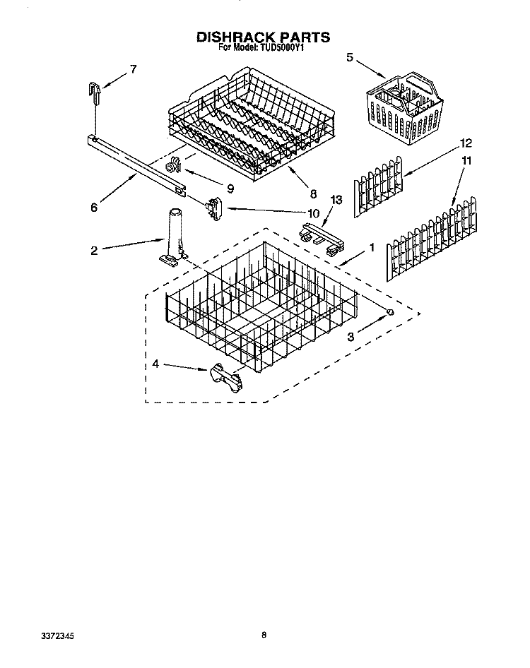 DISHRACK Diagram and Parts List for TUD5000Y1  Whirlpool Dishwasher