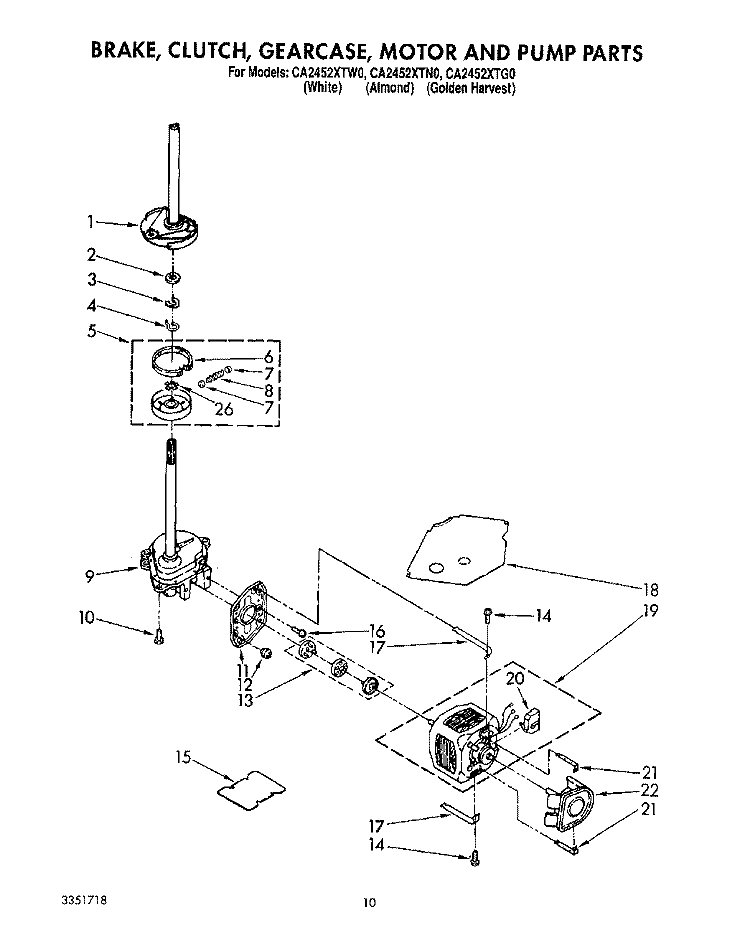 BRAKE, CLUTCH, GEARCASE, MOTOR AND PUMP Diagram and Parts List for CA2452XTG0  Whirlpool Washer