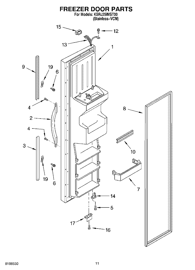 FREEZER DOOR PARTS Diagram and Parts List for KSRJ25IMST00  KitchenAid Refrigerator