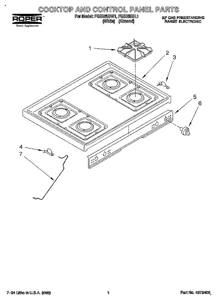 COOKTOP AND CONTROL Diagram and Parts List for FGS385BL1  Roper Range