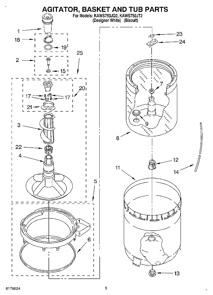 AGITATOR, BASKET AND TUB Diagram and Parts List for KAWS750JT2  KitchenAid Washer