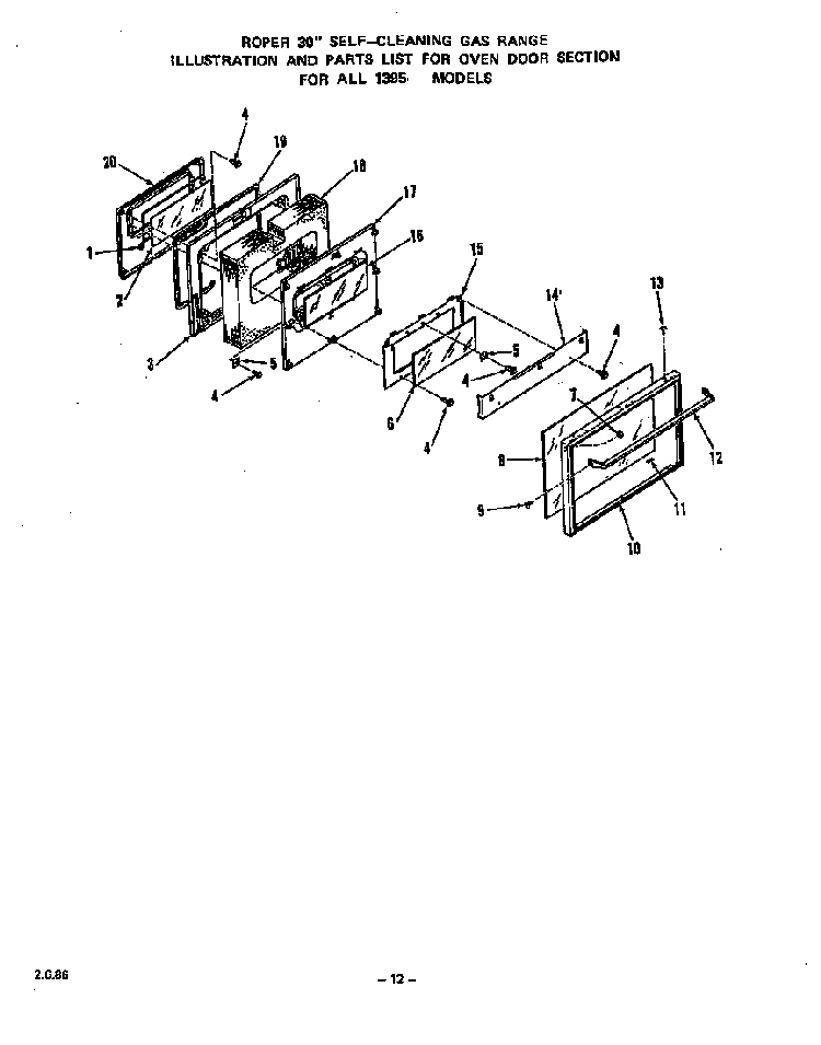 Oven Door Diagram and Parts List for 1395*1A  Roper Range