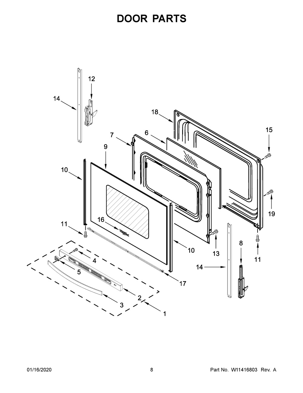 Door Parts Diagram and Parts List for YWFE505W0JW0  Whirlpool Range