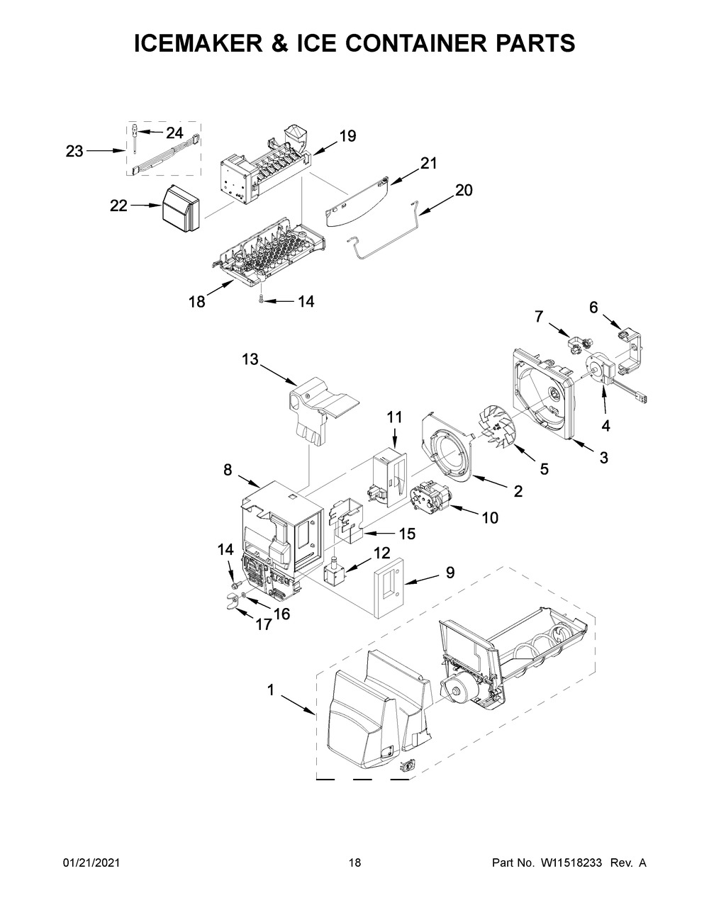 Icemaker And Ice Container Parts Diagram and Parts List for WRX735SDHV03  Whirlpool Refrigerator