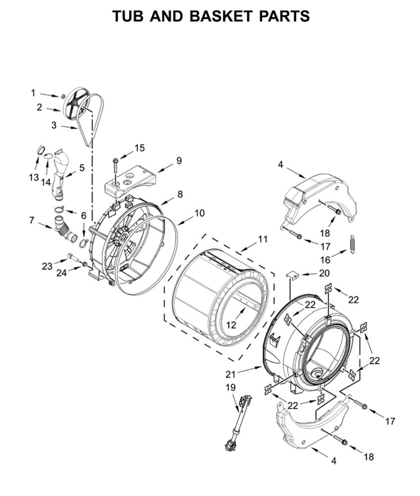 Tub And Basket Parts Diagram and Parts List for CET9000GQ0  Whirlpool Washer Dryer Combo