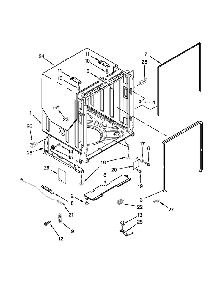 Tub And Frame Parts Diagram and Parts List for BLB14DRANA2  Whirlpool Dishwasher