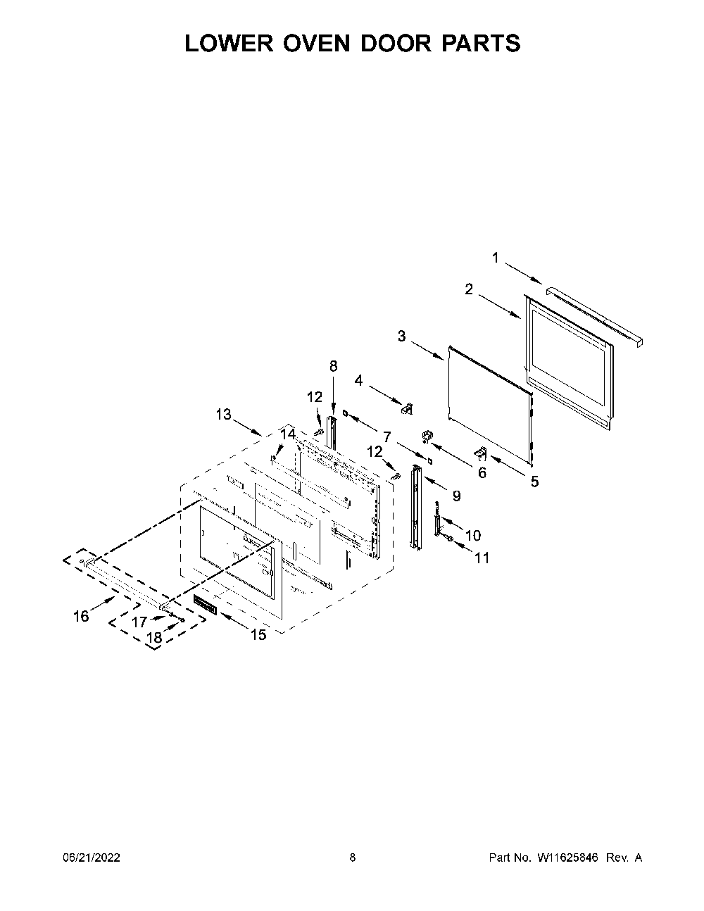 Lower Oven Door Parts Diagram and Parts List for KODE900HSS20  KitchenAid Wall Oven