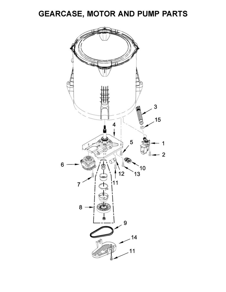 Gearcase, Motor And Pump Parts Diagram and Parts List for WTW4810EW2  Whirlpool Washer