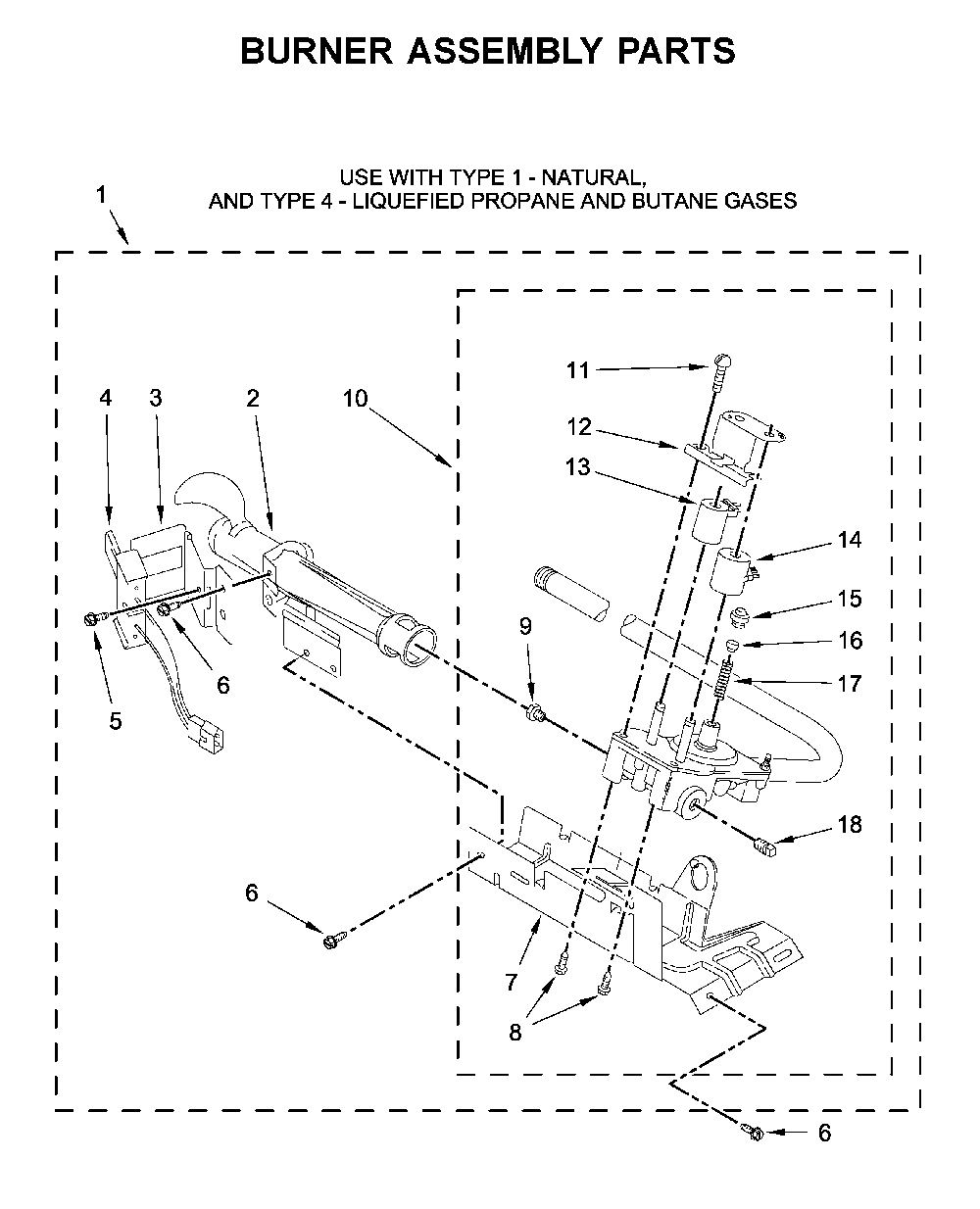 Burner assembly parts Diagram and Parts List for WGD4850HW1  Whirlpool Dryer