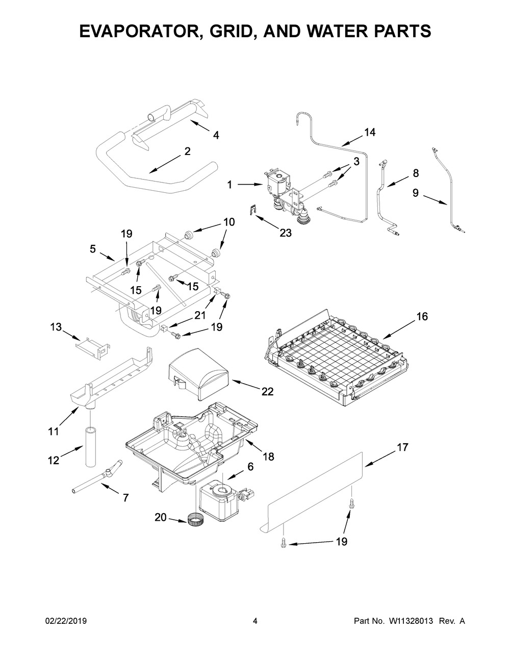 Evaporator, Grid, And Water Parts Diagram and Parts List for KUID308HPS00  Whirlpool Ice Maker